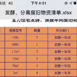 50立方發(fā)酵罐4台，15立方發(fā)酵罐2台，1.5立方發(fā)酵罐2台，資料齊全，安裝未用，需要的聯系